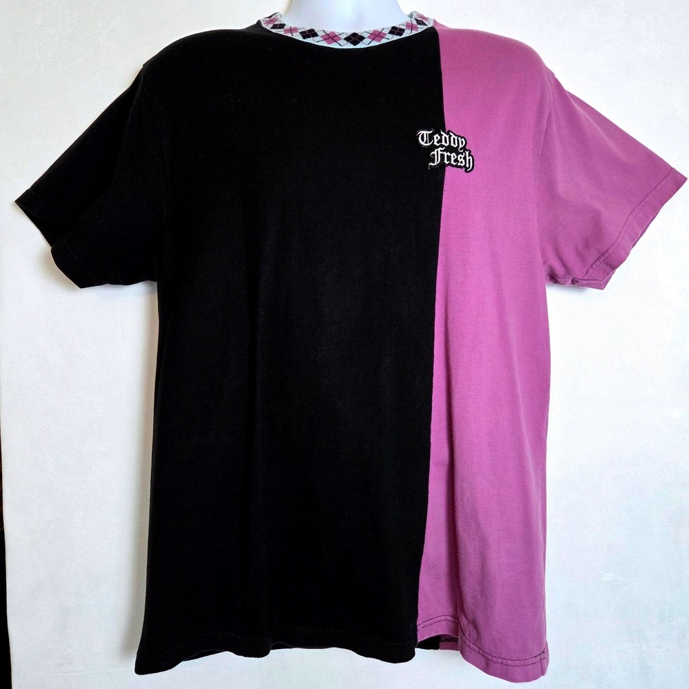 Teddy Fresh Mens Split Colorblock Argyle Collar T-Shirt Black Purple Large